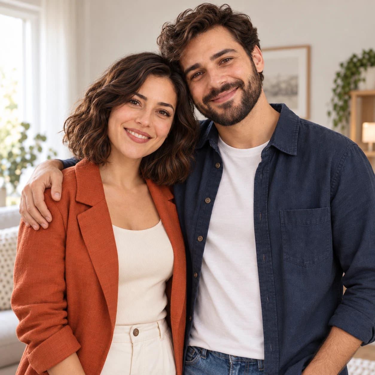 Le même couple souriant, sans figurine, dans son salon
