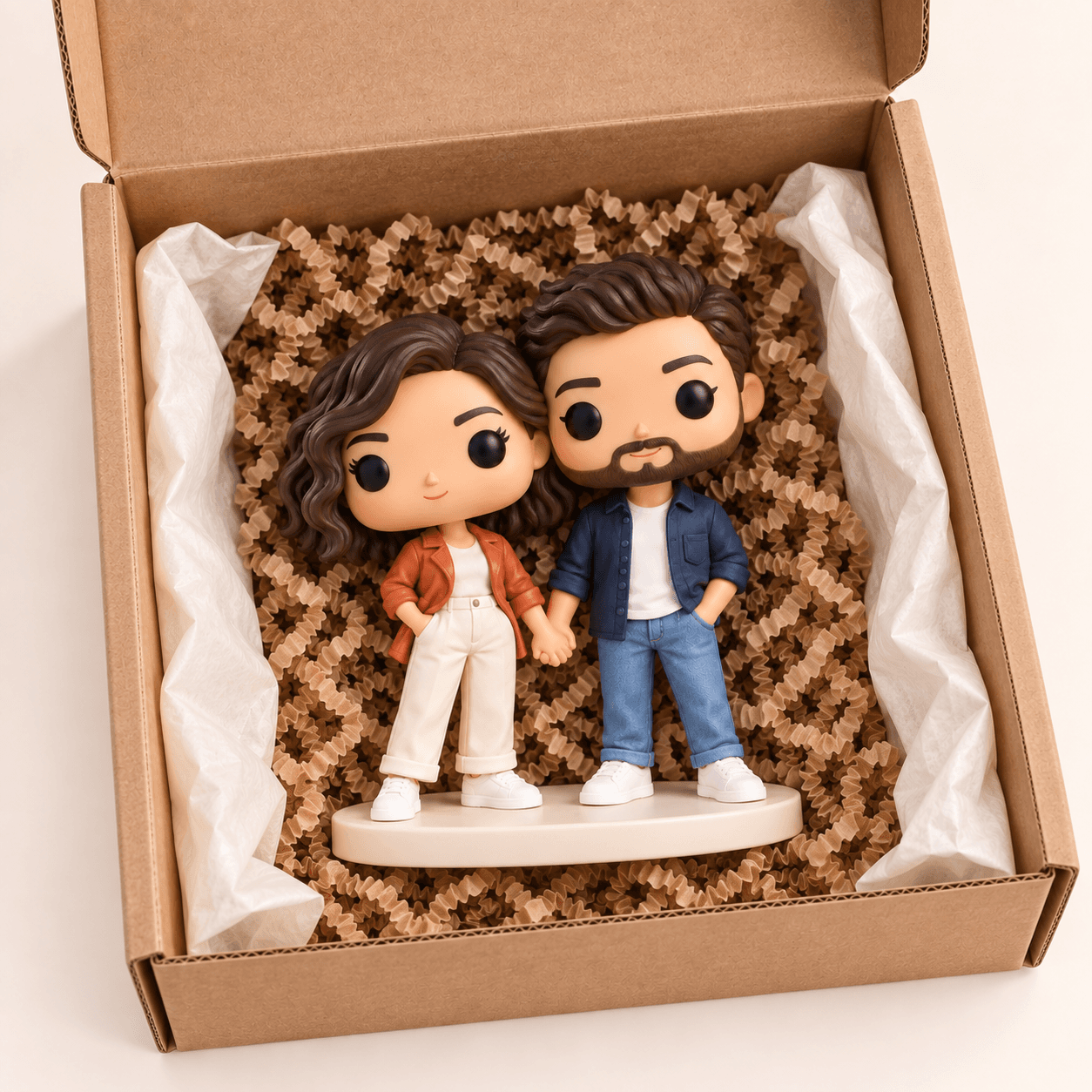 La figurine Pop du couple sur son socle, dans une boîte d’expédition en carton ouverte avec papier de soie et calage kraft
