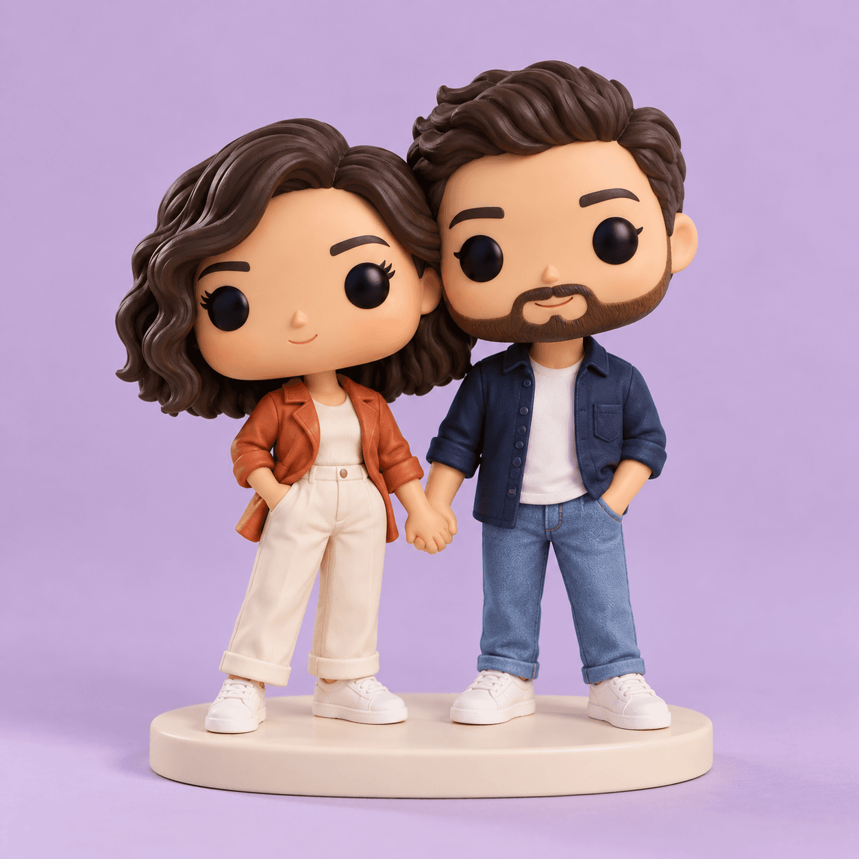 Deux figurines de couple sur leur socle, avec une veste terracotta et une chemise bleue