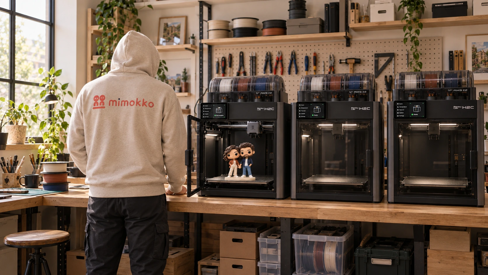 Vue d’atelier avec une personne de dos en sweat Mimokko beige et trois imprimantes H2C, dont une ouverte contenant une figurine de couple