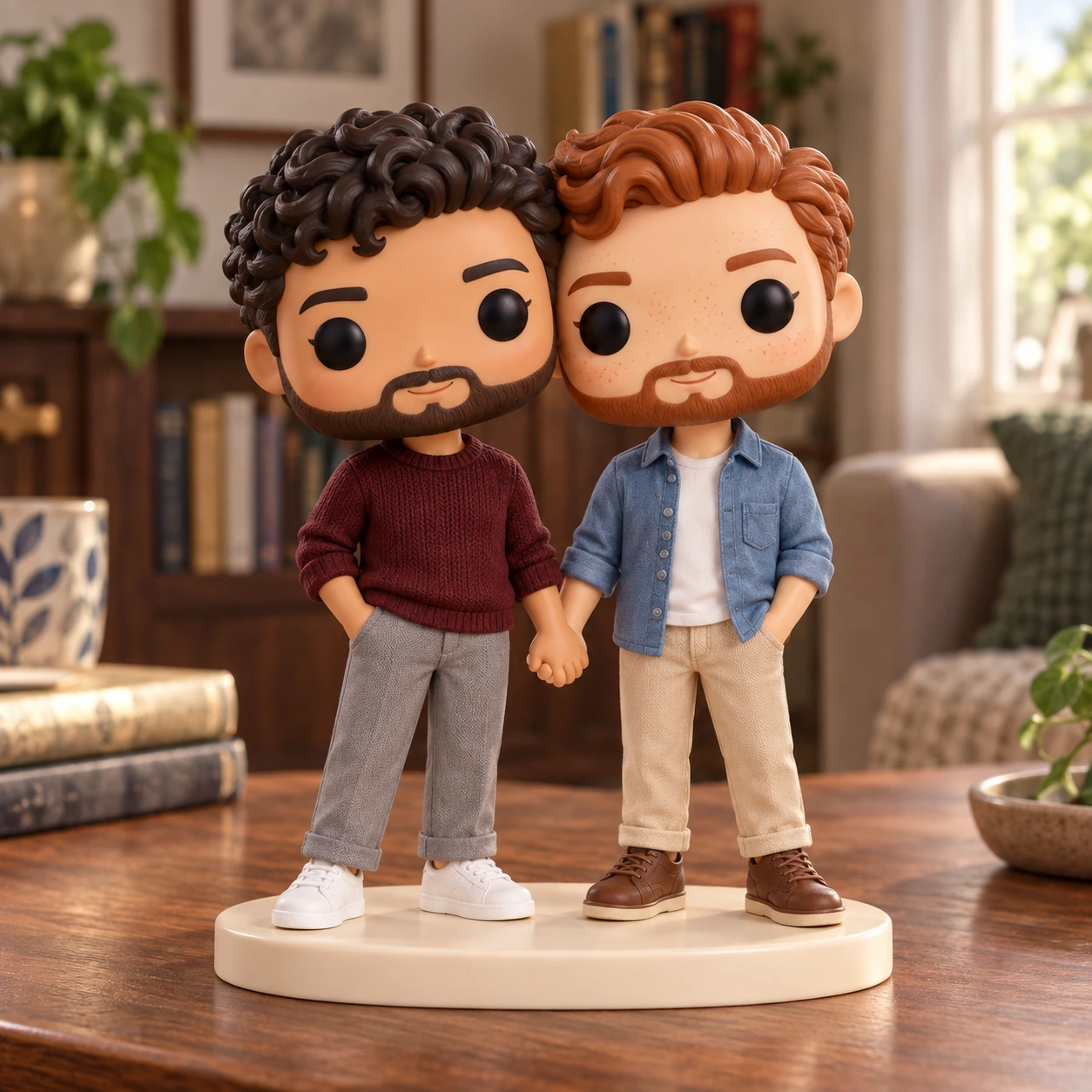 Figurine Pop de Adam & Thomas : pull bordeaux et chemise bleue, près d’une bibliothèque.