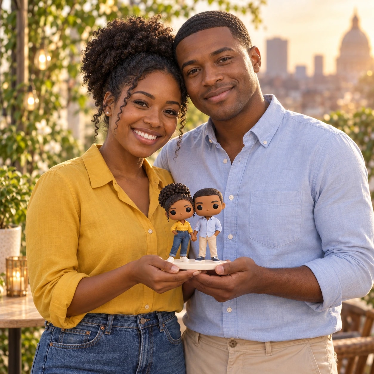 Aïssa & Gabriel tenant leur figurine : blouse moutarde et chemise bleu clair, sur une terrasse.