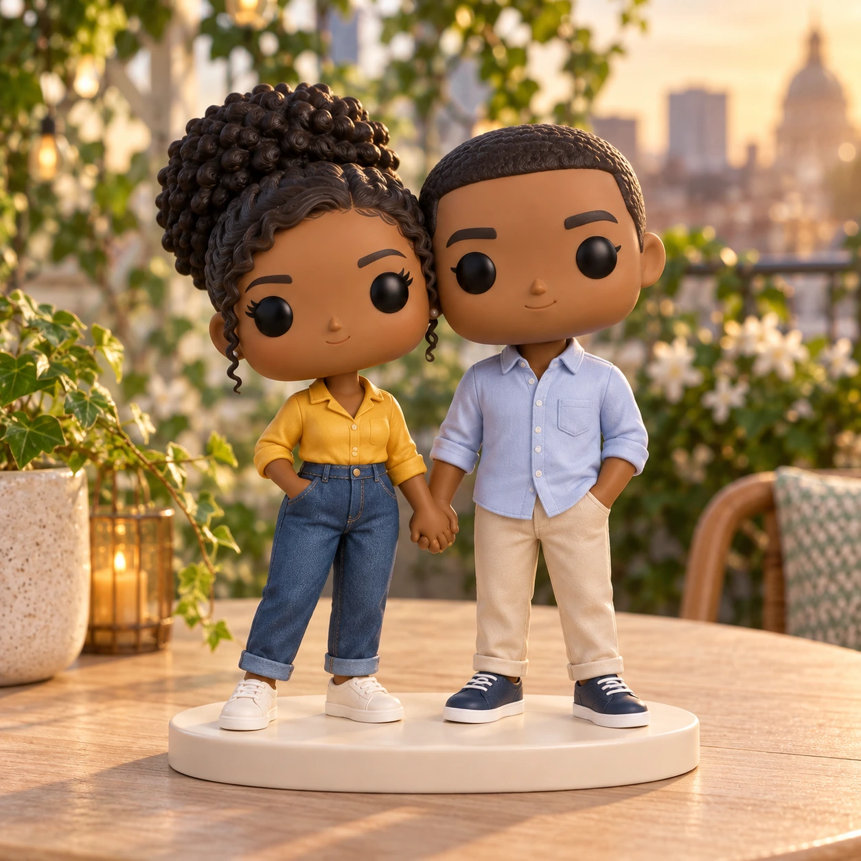 Figurine Pop de Aïssa & Gabriel : blouse moutarde et chemise bleu clair, sur une terrasse.