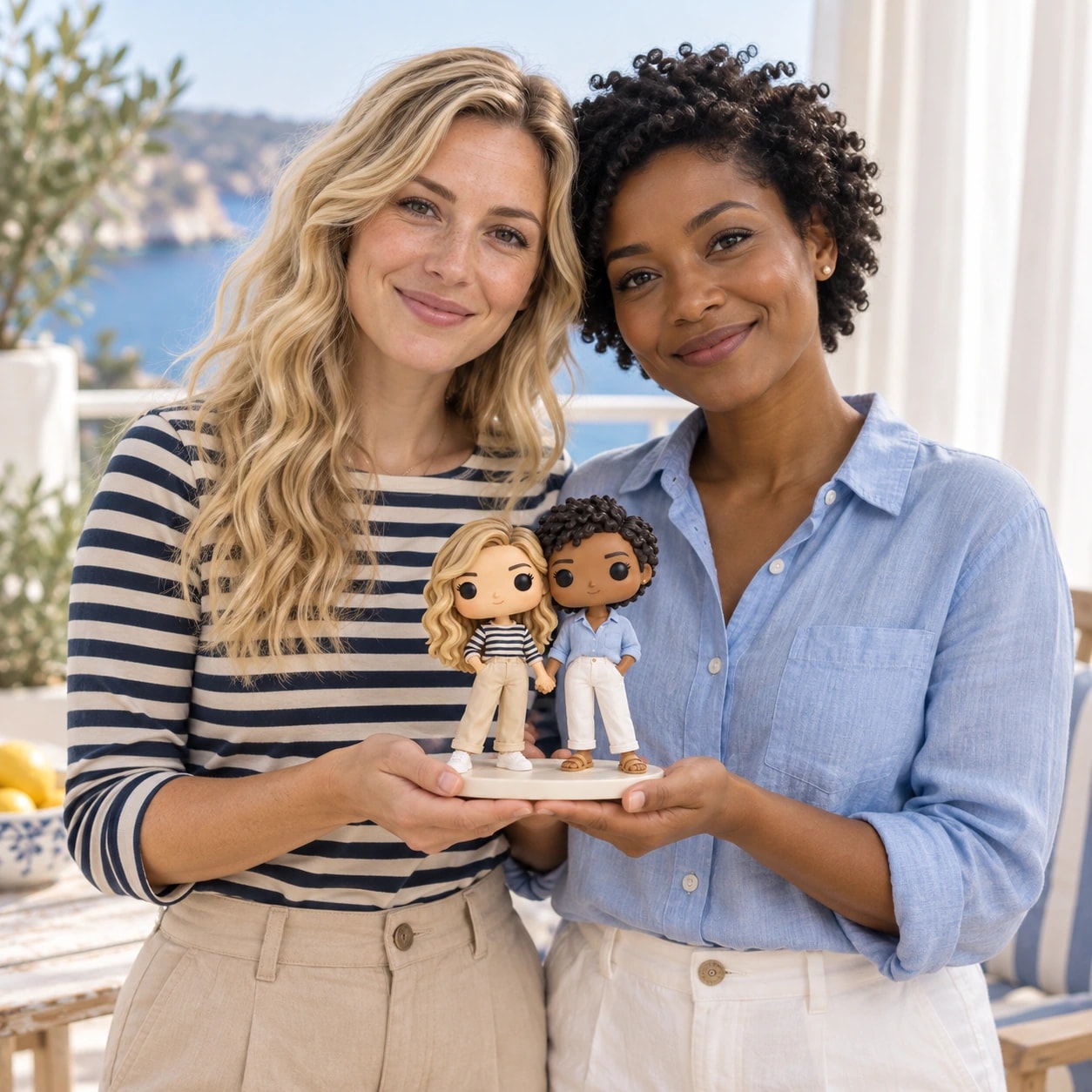 Chloé & Sarah tenant leur figurine : marinière et chemise bleu ciel, au bord de la mer.