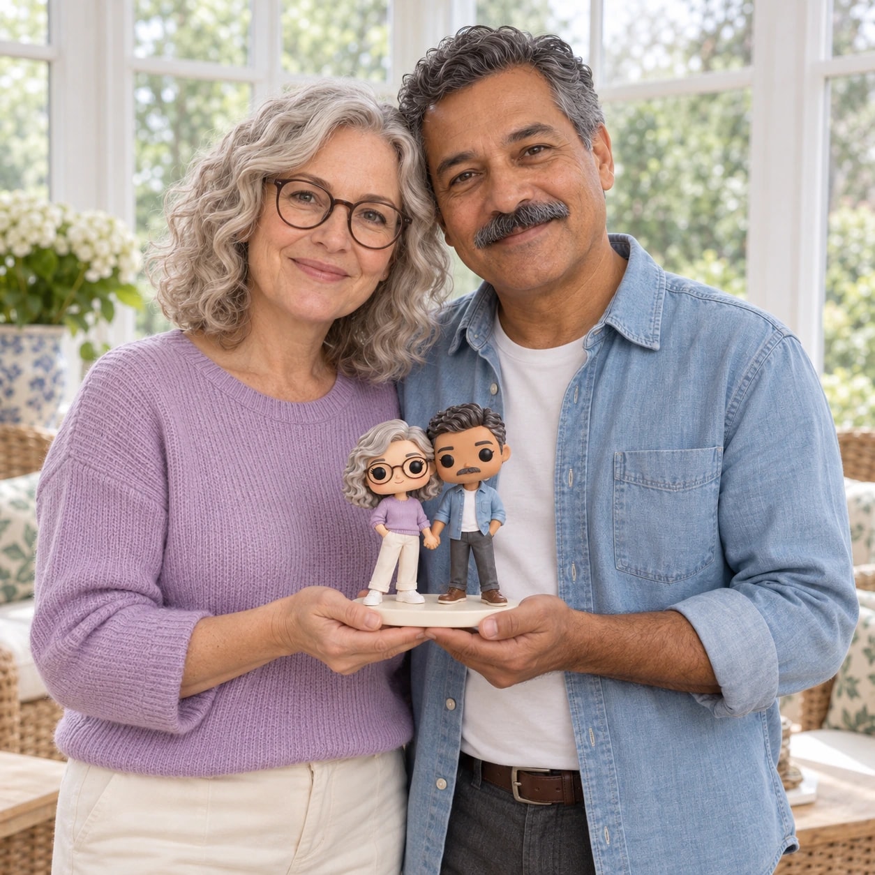 Claire & Marc tenant leur figurine : boucles argentées, pull lavande et chemise en jean, dans une véranda.