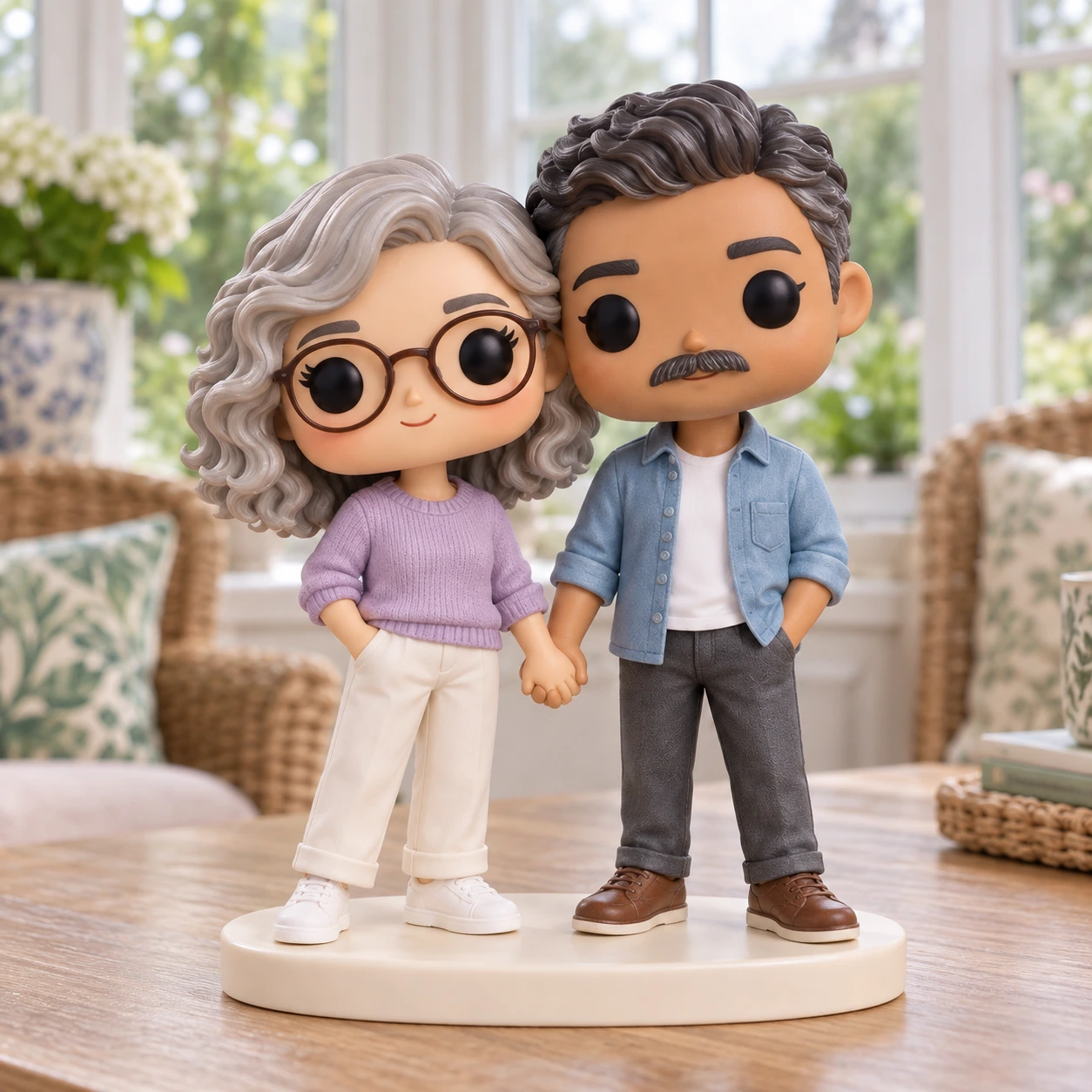 Figurine Pop de Claire & Marc : boucles argentées, pull lavande et chemise en jean, dans une véranda.
