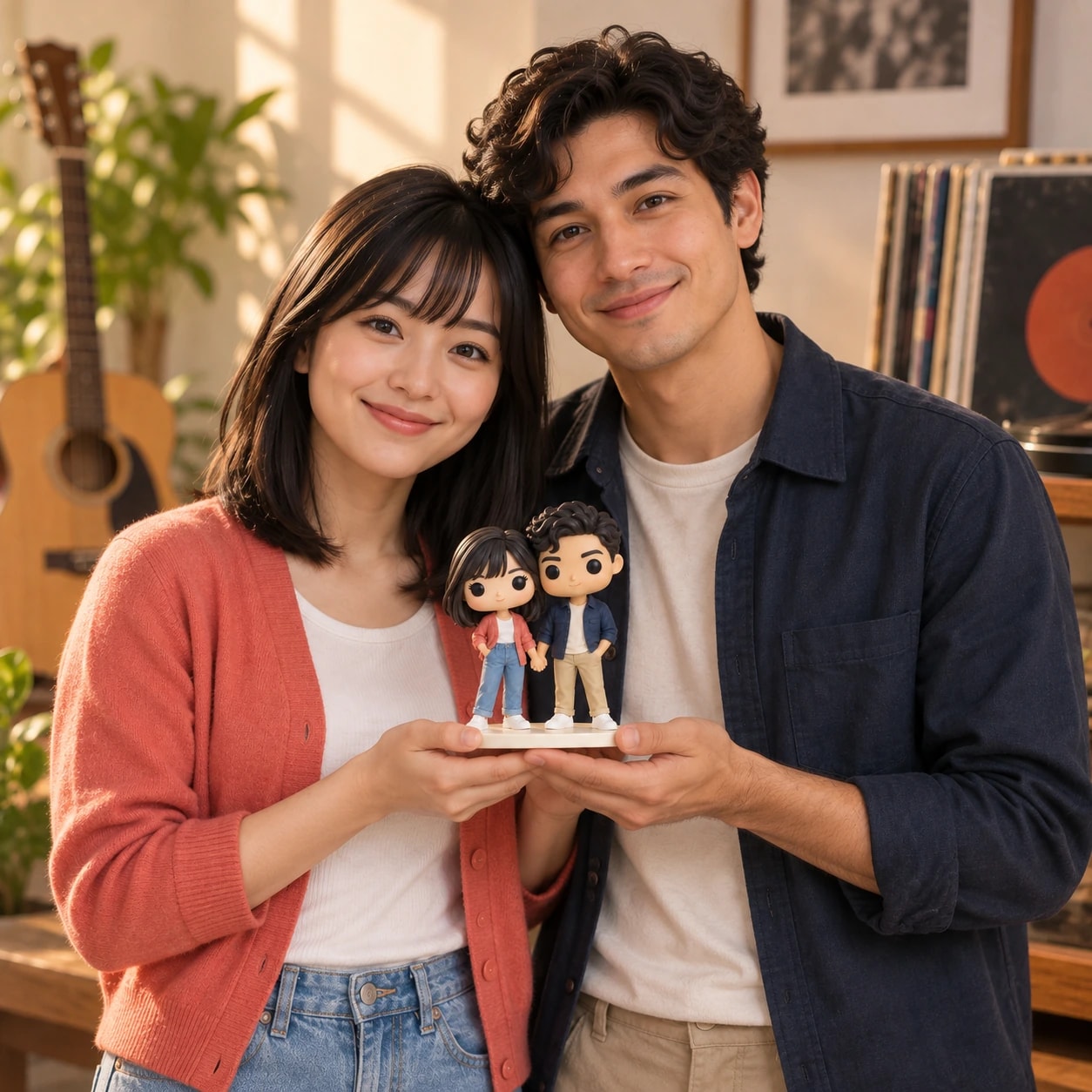 Emma & Rayan tenant leur figurine : cardigan corail et veste marine, dans un coin musique.