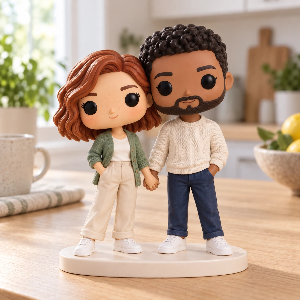 Figurine Pop de Léa & Malik : cardigan sauge et pull crème, dans une cuisine lumineuse.