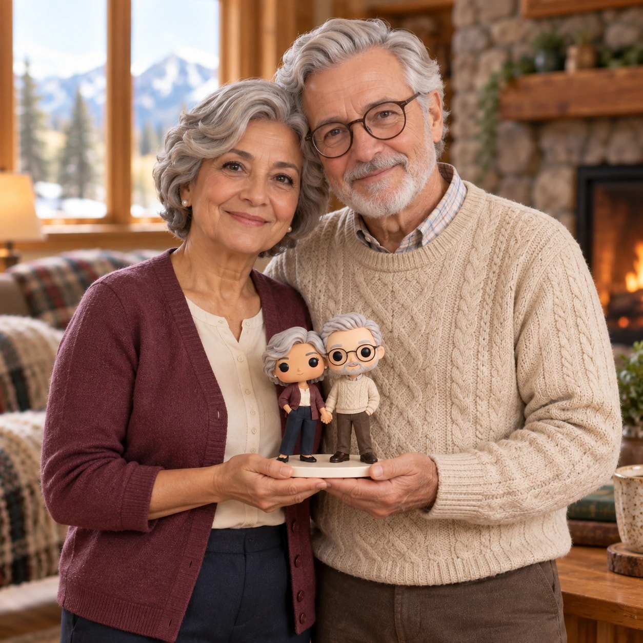 Nora & Alain tenant leur figurine : cardigan prune et pull torsadé, dans un chalet.