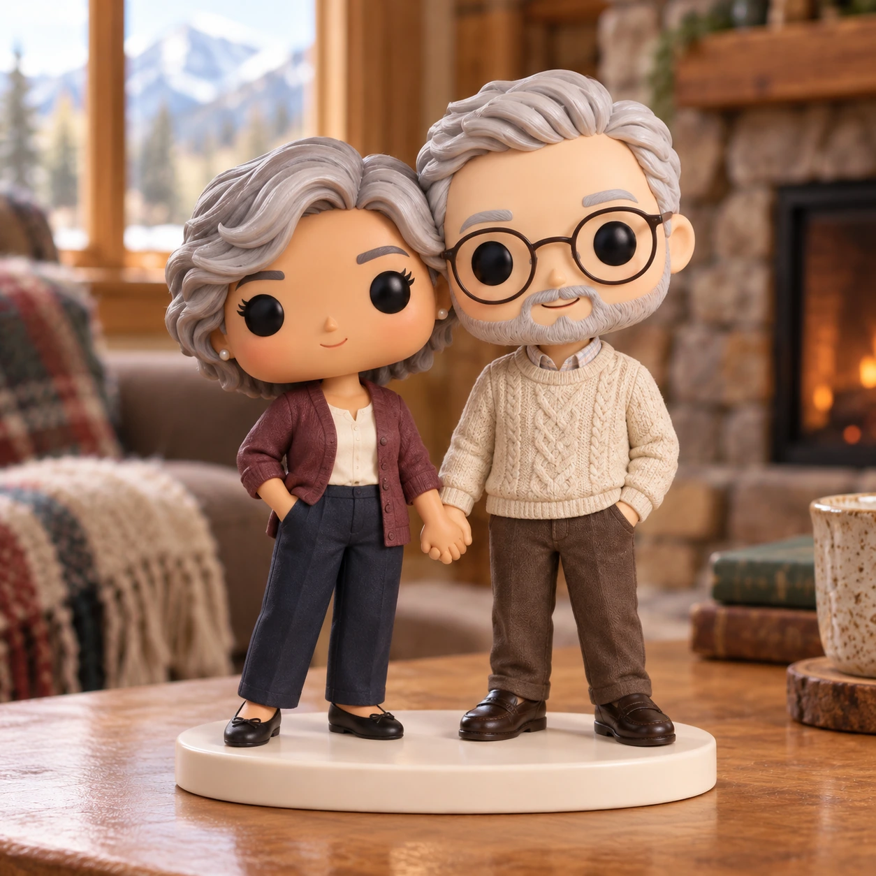 Figurine Pop de Nora & Alain : cardigan prune et pull torsadé, dans un chalet.