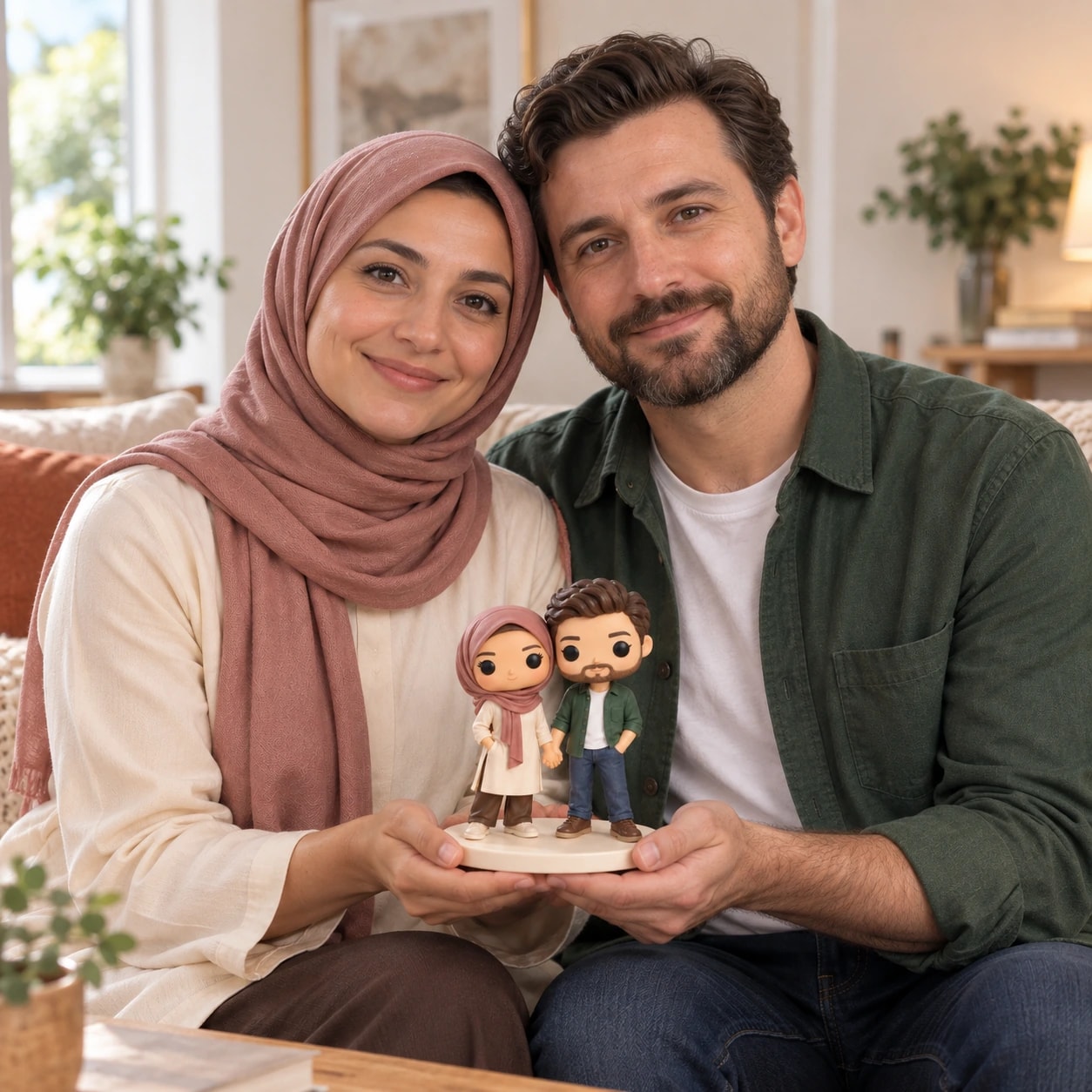 Samira & Julien tenant leur figurine : foulard rose et surchemise verte, dans un salon.