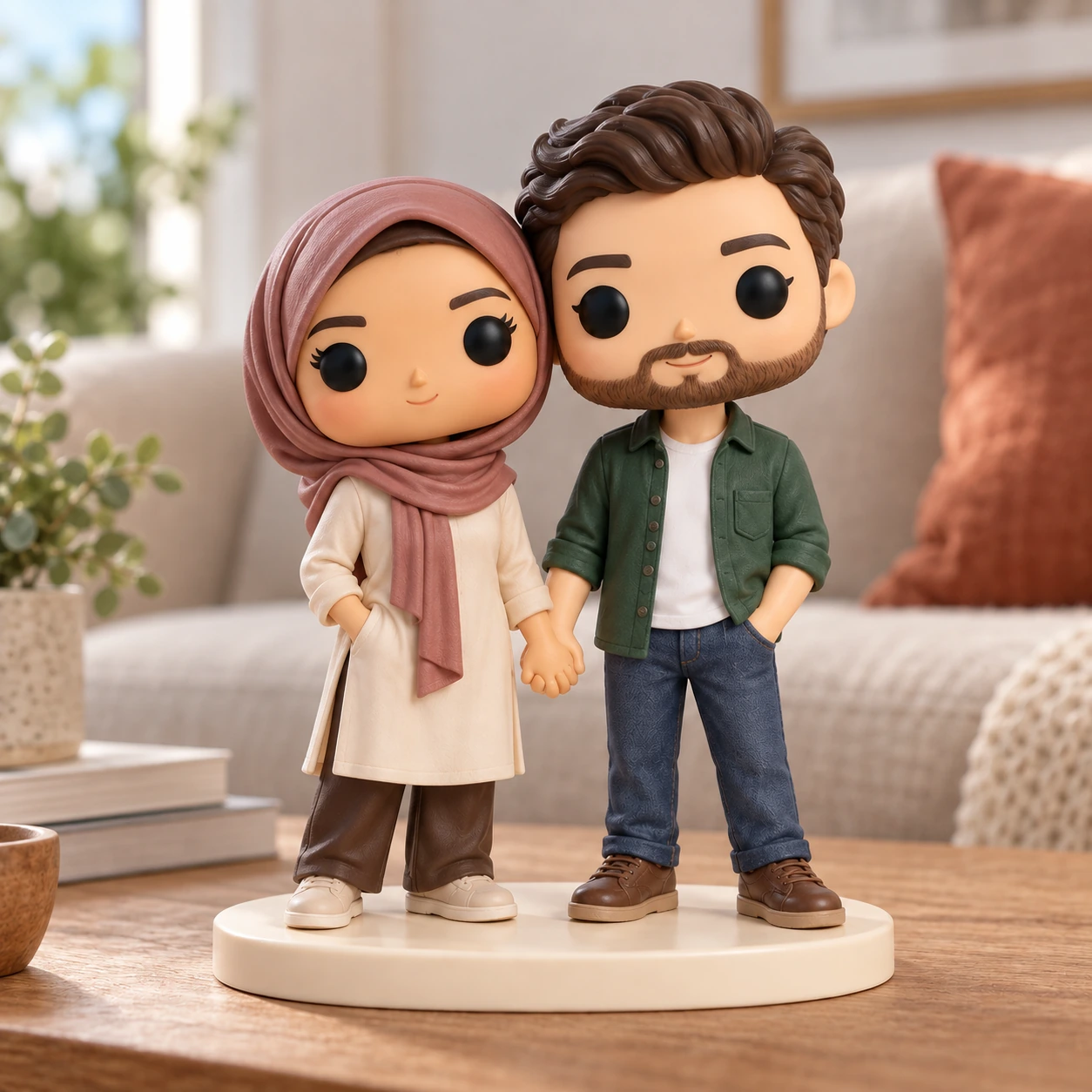 Figurine Pop de Samira & Julien : foulard rose et surchemise verte, dans un salon.
