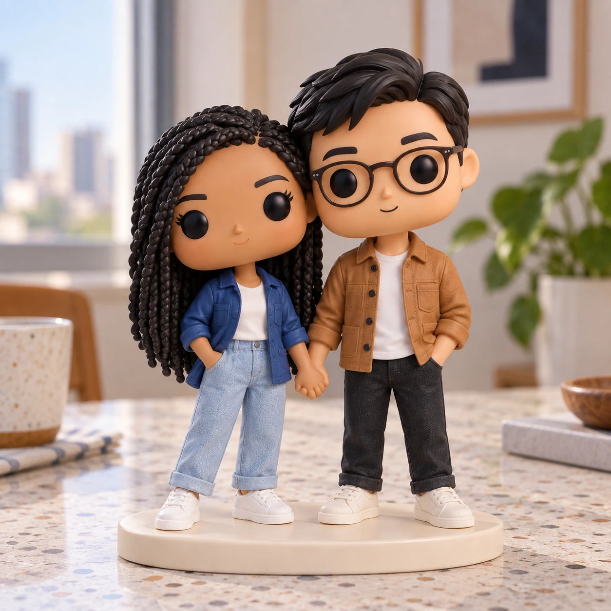 Figurine Pop de Zoé & Lucas : surchemise bleue et veste camel, dans un appartement.